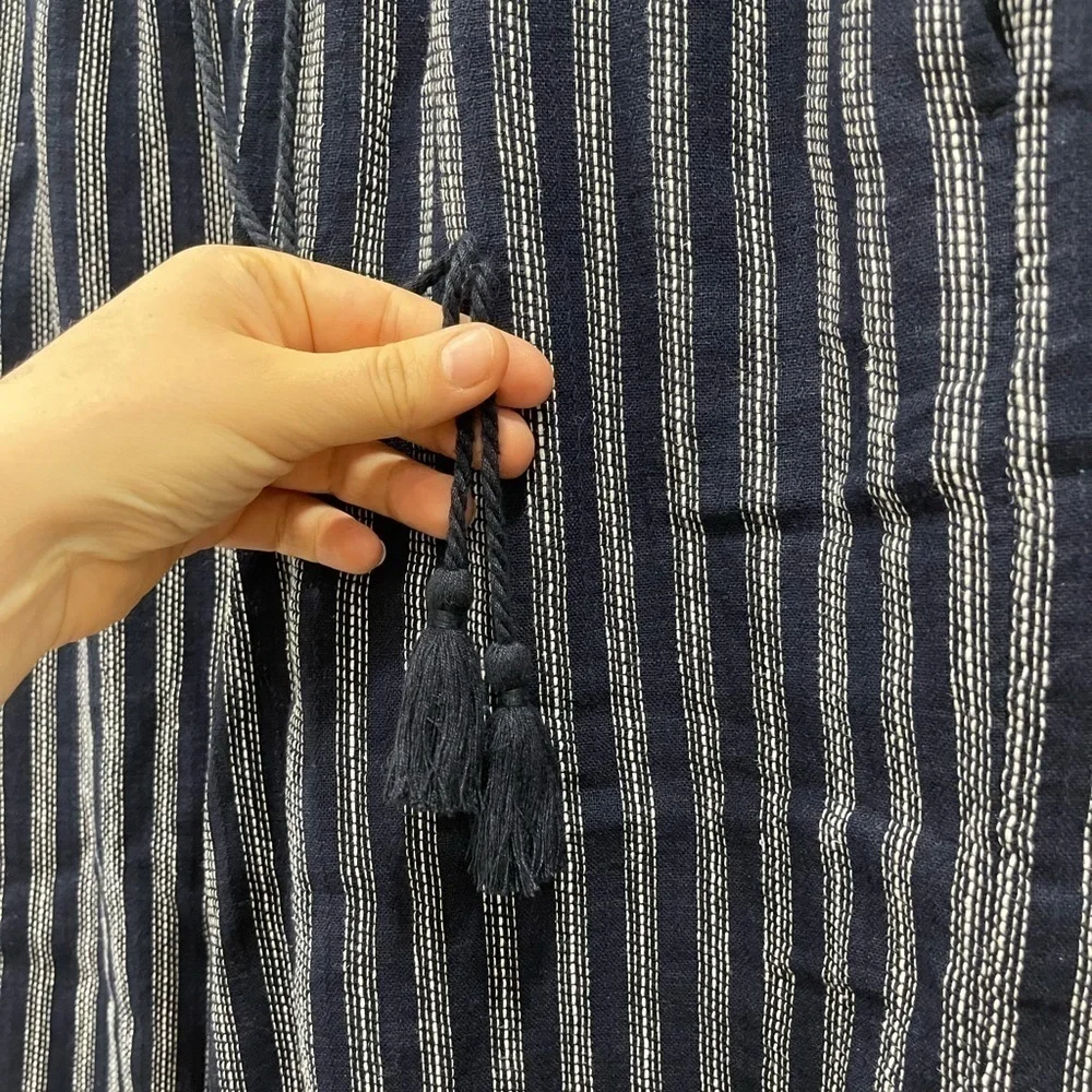 Banana Republic Wide Leg Crop Pants Navy Stripe Linen Size Drawstring Tassel S